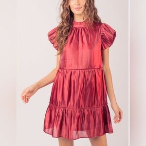 NWT Burgundy Metallic Tiered Mini Dress Small | Flutter Sleeve Wine Satin Dress